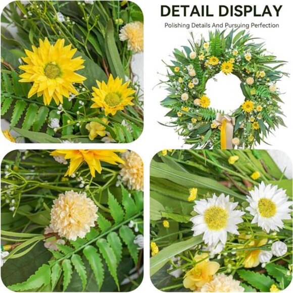 Spring Wreaths for Front Door 24 inch Spring Wreath with Vibrant Daisy and Bow - Picture 4 of 7